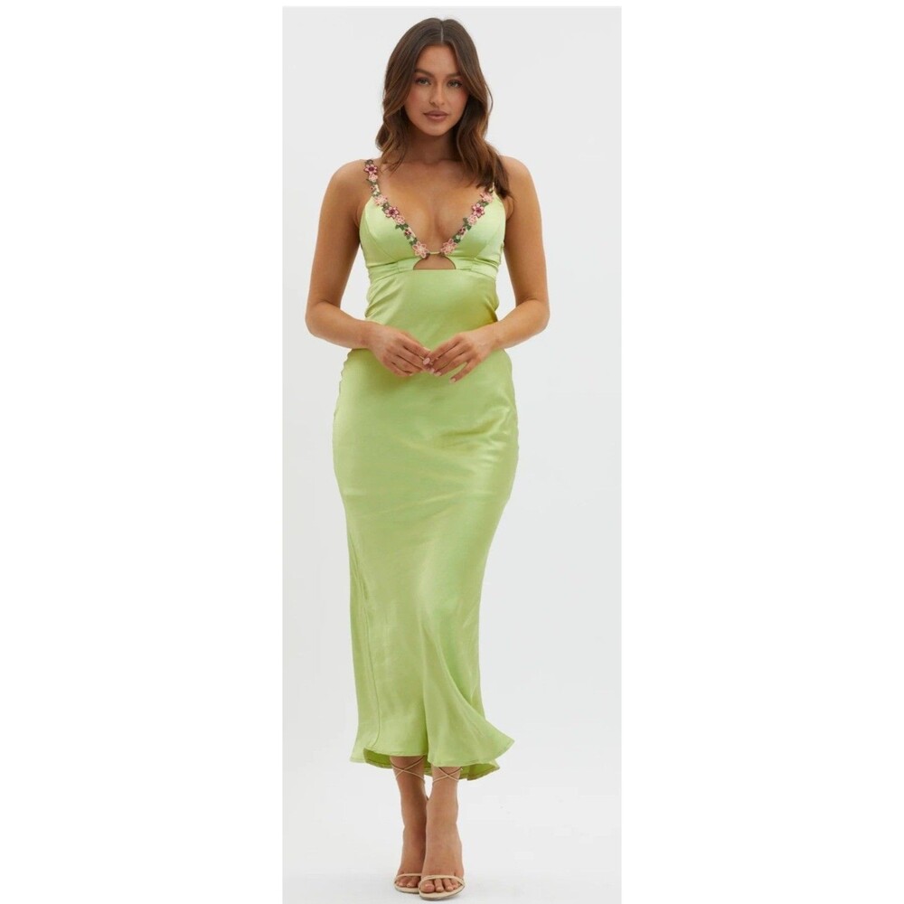 SELFIE LESLIE Muse Cut-Out Floral Dress Sz M Trim Midi Matcha NWT